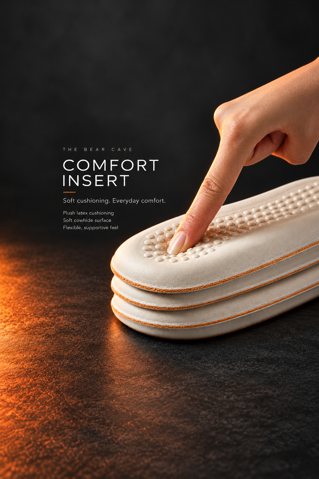 A finger pressing the cushioning of stacked VECTOR Hybrid Comfort Shoe Inserts