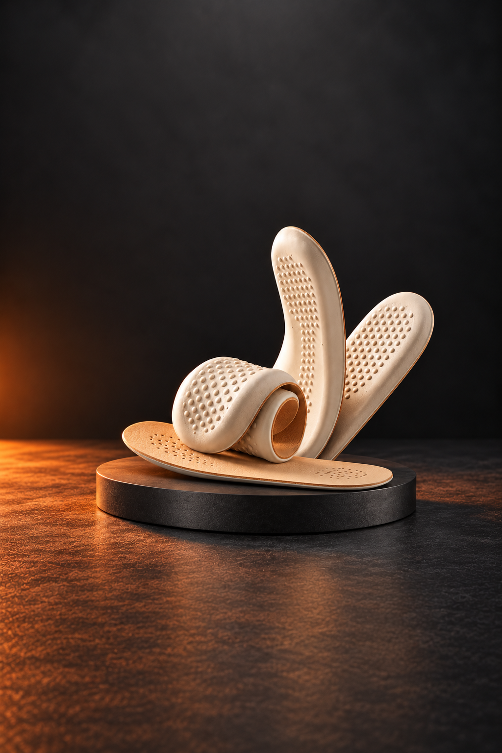 Four VECTOR Hybrid Comfort Shoe Inserts showing their surfaces and flexible shape