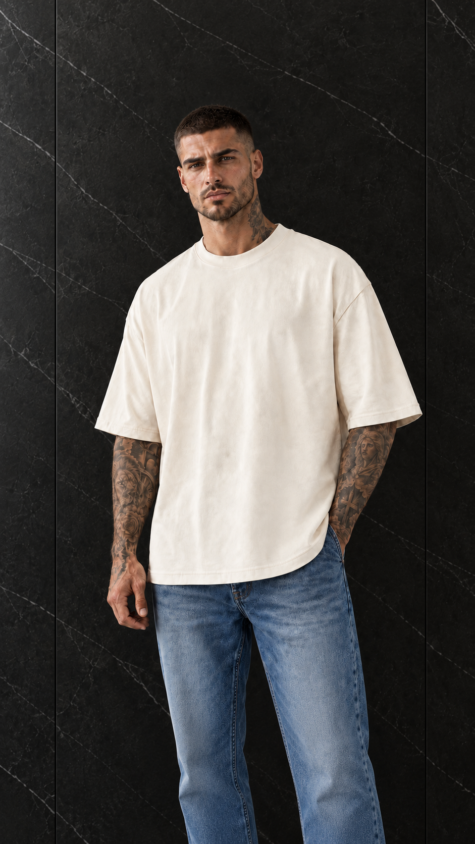 Light Apricot RONIN Heavyweight T-Shirt, front studio view