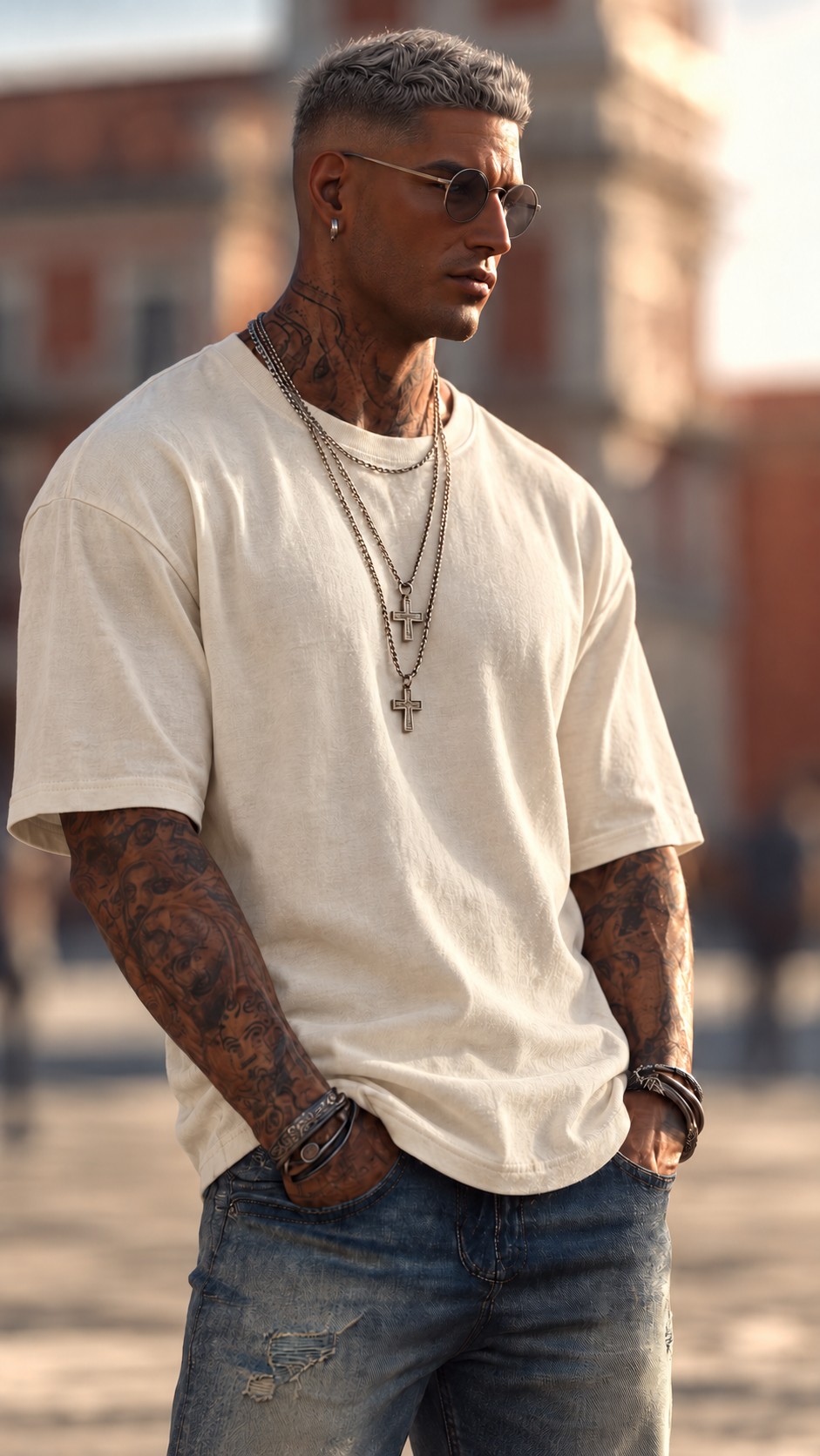 Light apricot RONIN Heavyweight T-Shirt styled with jeans and sunglasses outdoors