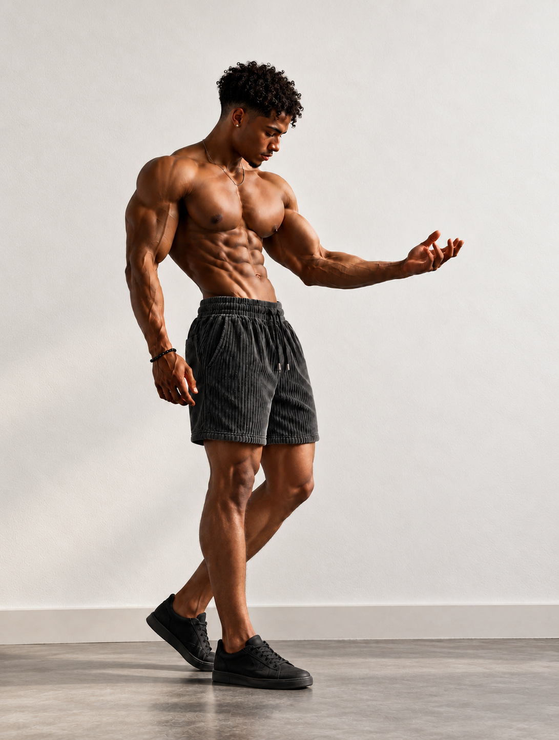 Muscular model wearing SENTINEL Corduroy Pants, gesture pose